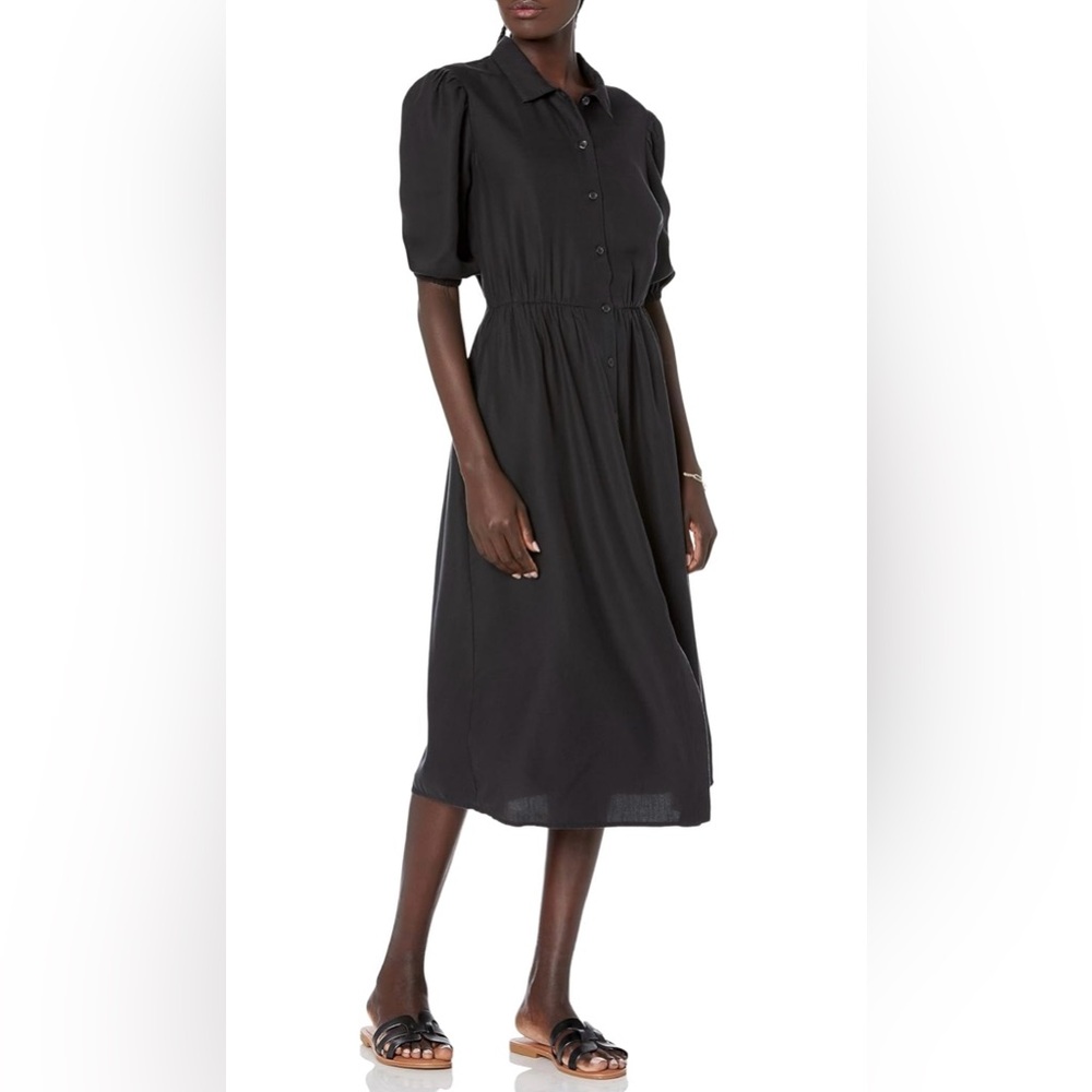 The Drop || Ellen Puff-Sleeve Open Back Midi Shirt Dress